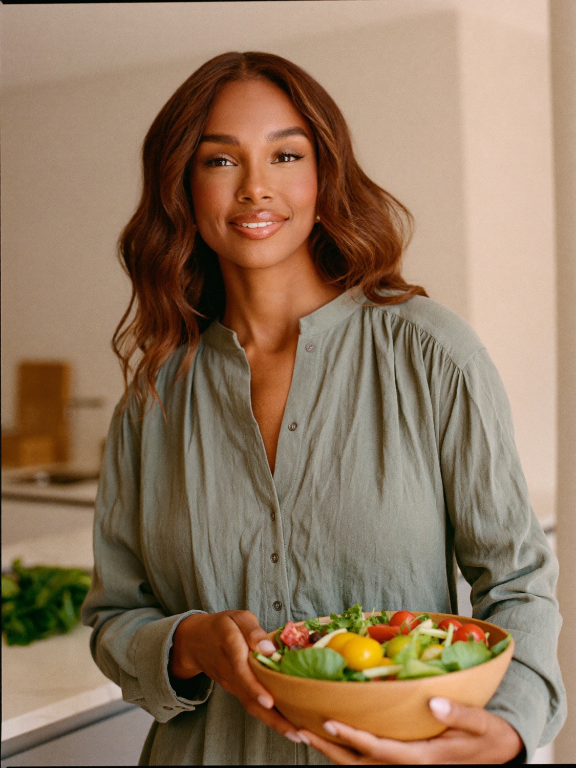 Dra. Marina Prado, nutricionista, segurando uma tigela de salada